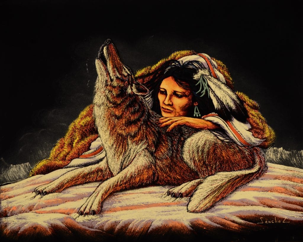 Velvet Painting Woman and Wolf