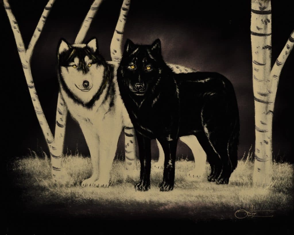 Velvet Painting Black and White Wolves