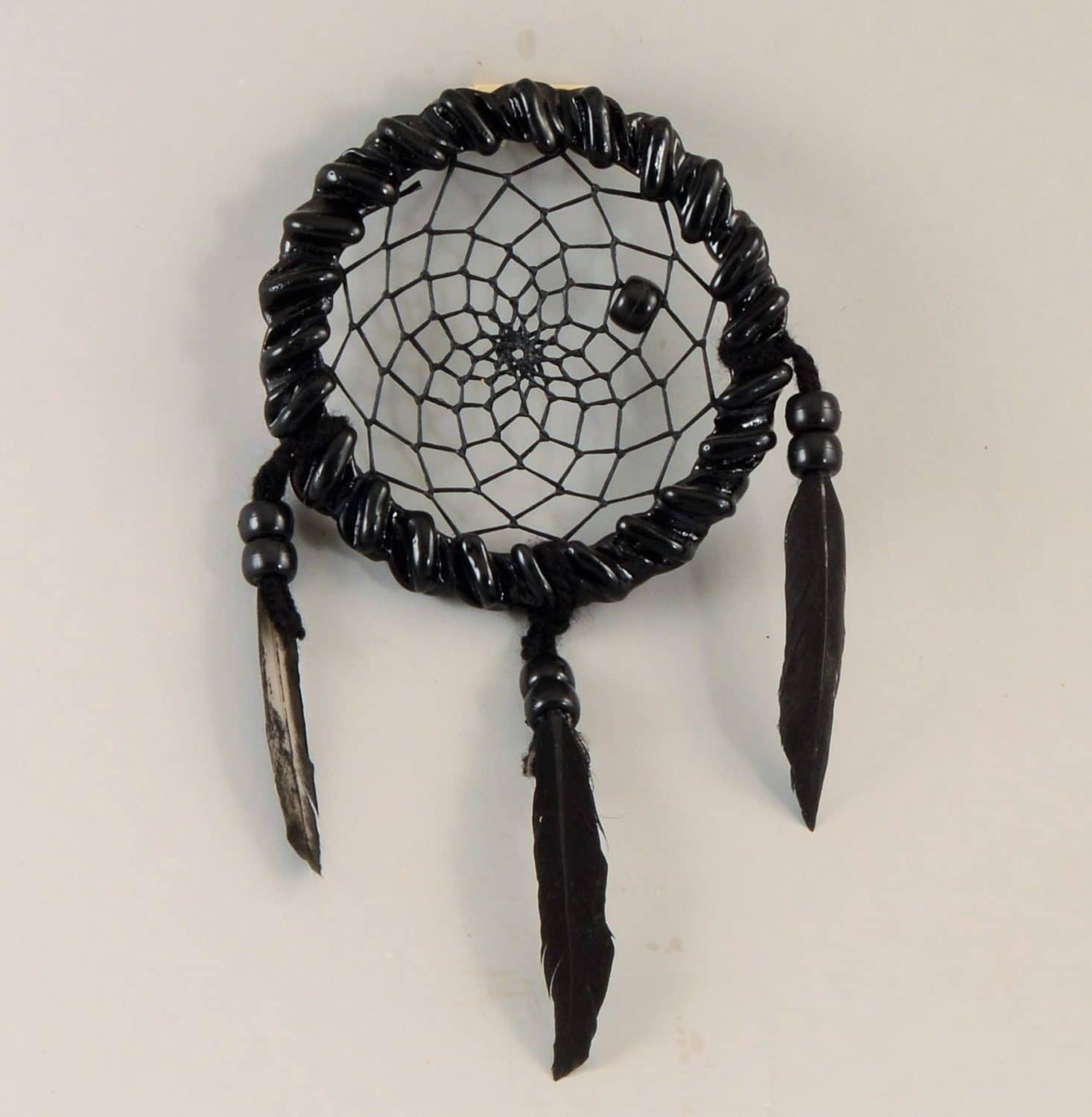 Black Leather & Pink Beads Medium Size Native American Hand-Made Dream Catcher 