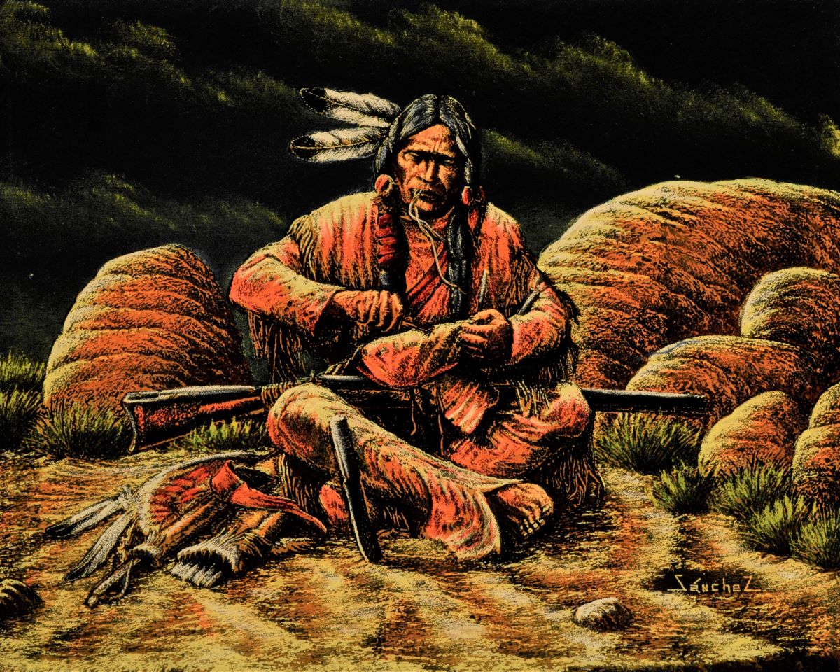Velvet Painting - Sitting Native American - Southwest Arts and Design