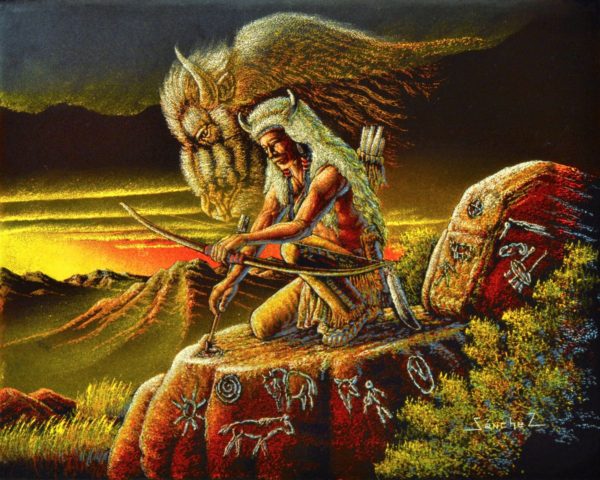 Velvet Painting Native American and Bison