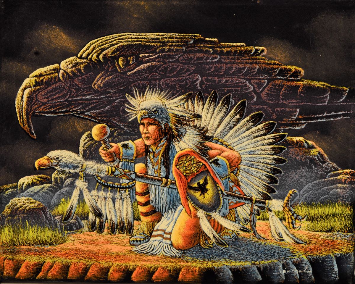 Velvet Painting - Kneeling Native American | Southwest Arts and Design