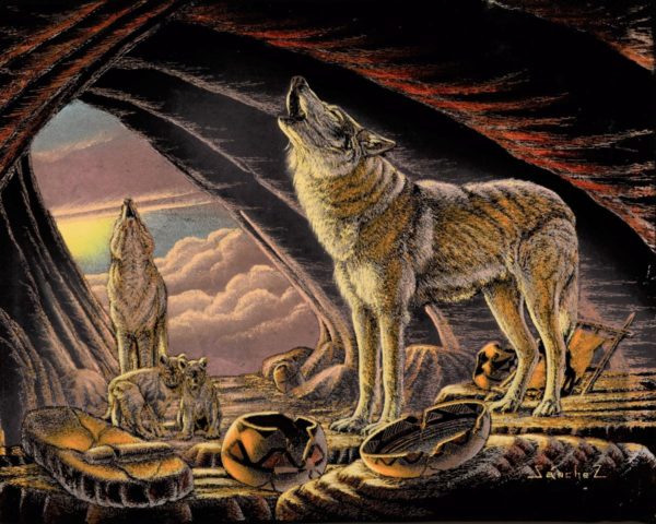 Velvet Painting Howling Cave Wolves