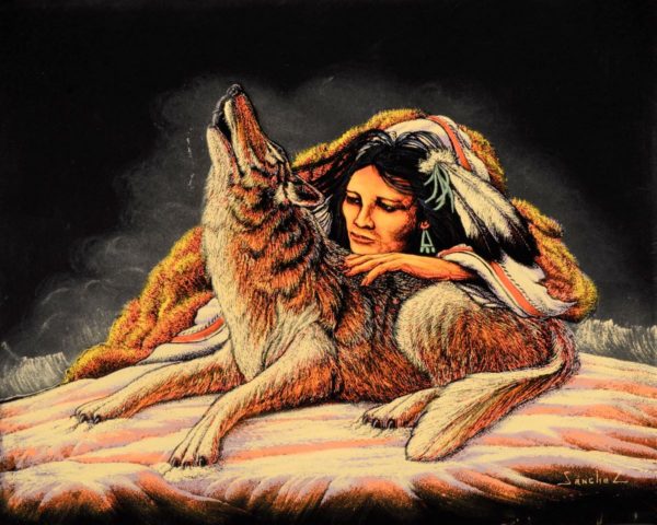 Velvet Painting Woman and Wolf