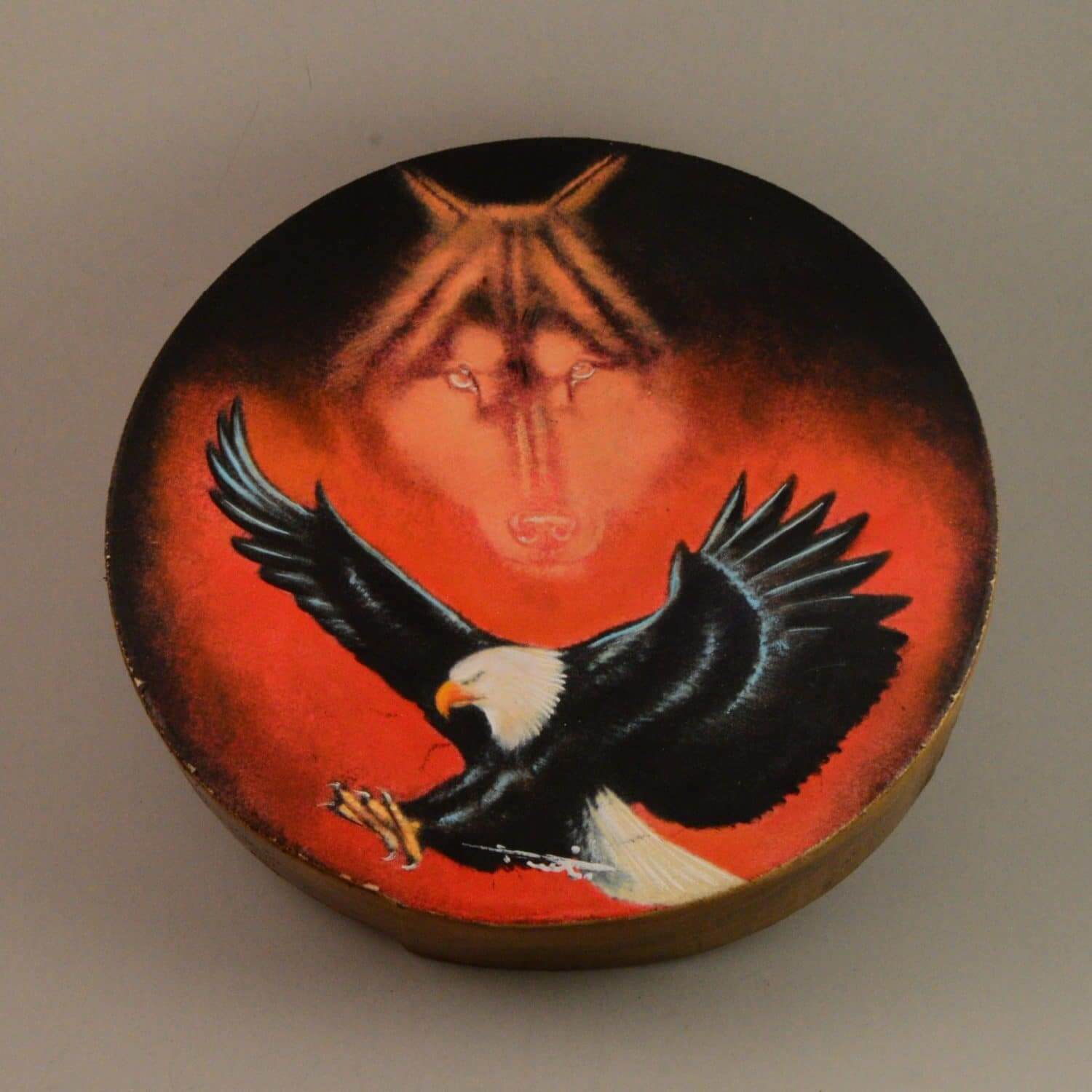 Hand Painted Art Drum Shield - Landing Eagle and Wolf